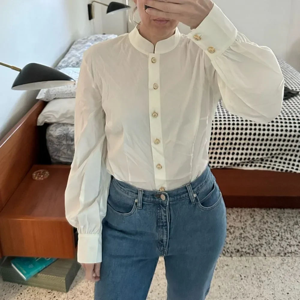 Escada white high neck button up down 38